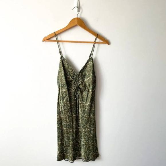 Zara Satin Effect Paisley Slip Mini Dress Green Gold Size Medium - Picture 5 of 10